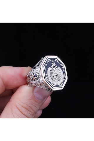 Üzerine Hüsn-i Hat Allah & Ayetel Kürsi Yazılı Kenarı Hâncer Detaylı 925 Ayar Gümüş Erkek Yüzük