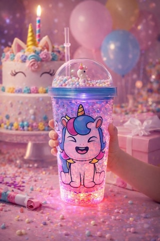 Renkli Boncuklu Sevimli Unicorn Tasarımlı 450 Ml Led Işıklı Pipetli İçecek Bardağı Suluk Mavi 2646