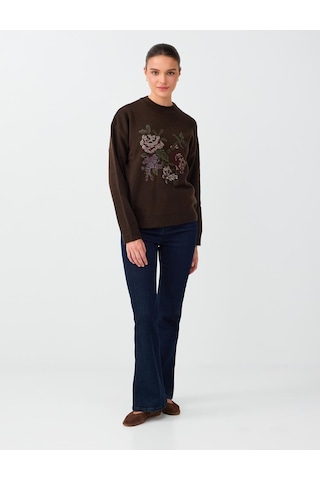 Jimmy Key Acı Kahve Floral Desenli Kroşe Detaylı Triko Kazak 6ww137817803 Kahverengi