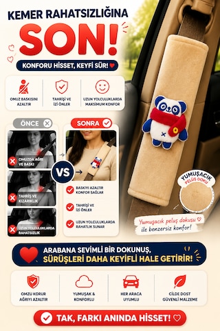 Panda Bej Emniyet Kemeri Aksesuarı - Emniyet Kemeri Kılıfı-araç Emniyet Kemeri Omuz Koruyucu 1 Adet