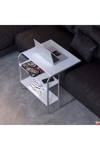 Modilayn C Yan Sehpa Geniş Boy Tekerlekli Çalışma, Atıştırmalık, Yemek, Laptop Sehpası Beyaz Desenli Beyaz