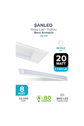 60 Cm 20 Watt Yatay Led Bant Armatür-trafolu Beyaz Işık-8 Adettir Beyaz