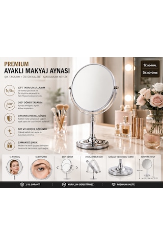 Çift Taraflı Ayaklı Makyaj Aynası 1x + 5x Büyütmeli 360 Döner Krom Metal Masa Aynası