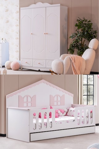 Poli Çocuk Odası Takımı, Poli Yavrulu Karyola, Flower 3 Kapaklı Dolap - Pembe Renkli