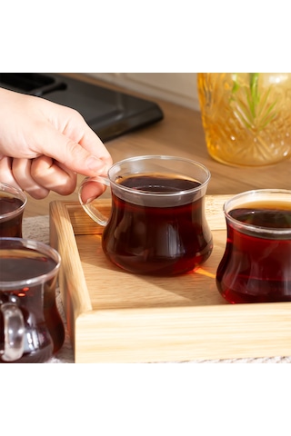 Porsima Pbt-706 Borosilikat Isıya Ateşe Dayanıklı Cam Kulplu 4 Lü Çay Bardağı Kahve Bardak Seti Kupa Şeffaf 250ml Şeffaf