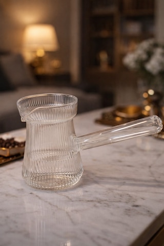 Isıya Dayanıklı Cam Cezve Çizgili 400 Ml, 10 Cm Yükseklik, Cam Türk Kahvesi Cezvesi