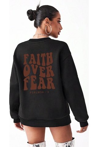 Faith Over Baskılı Oversize Sweatshirt Antrasit
