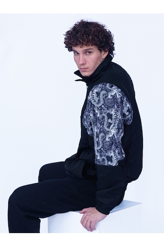 Erkek Kadın Siyah Beyaz Kaplan Desenli Bomber Ceket Siyah