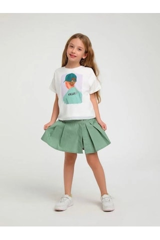 Kız Çocuk Pileli Bel Lastikli Şort Etek-14125 Yeşil