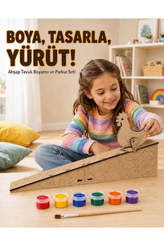 Çocuk Ahşap Hareketli Tavuk Boyama Seti 6 Renk Boya, Fırça Ve Kolay Montaj Parkuru