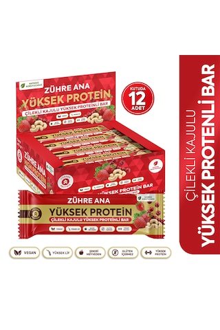 Çilekli Kajulu Yüksek Proteinli Bar, Şeker İlavesiz 40 Gr X 12 Adet