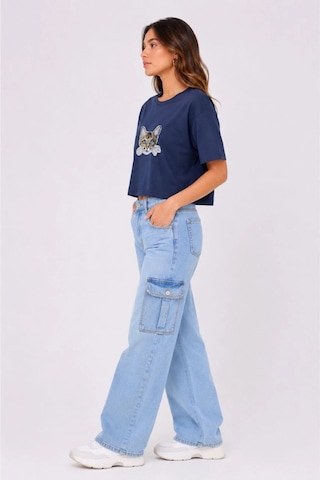 Wear Vexel Kadın Kedi Baskılı Oversize Crop Tişört Salaş Basic Yarım Kol T-shirt - Lacivert Çok Renkli