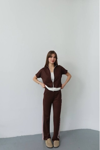 Etiler Collection Kadın Fermuarlı Taş Ve Şerit Detaylı Ikili Takım Kahverengi