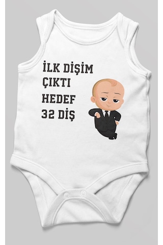 Morivokids İlk Dişim Çıktı Hedef 32 Diş Sıfır Kollu Bebek Body Beyaz