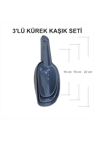 Büyük Kavanoz Kase Aktar Kutusu İçin 3 Boy Kırılmaz Kürek Kaşık Kepçe Seti Gri