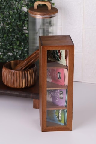 Atby Akasya Ahşap Kapaklı 5 Bölmeli Çay Kutusu 26,5x9x9 Cm Şeffaf Kapaklı Çay Ve Kahve Düzenleyici Kutu Ahşap