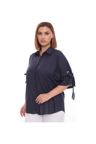 Lady Majestic Cotton Büyük Beden Kadın Pamuklu Gömlek Rahat Kesim, Düğmeli, Volan Kol Detaylı Lacivert
