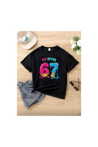 Stil X Sıx Seven Baskılı Kız Çocuk Tshırt, 67 Tasarımlı Siyah-10