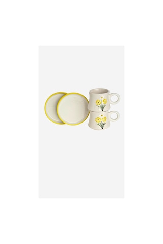 2 Li Takım Papatya Desenli El Yapımı Kazan Seramik Kahve Fincanı, Kahve Fincanı Beyaz