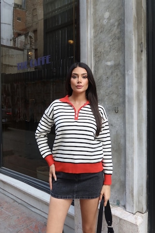 Kechi Woman Polo Yaka Çizgili Yarım Fermuarlı Triko Kazak Kırmızı