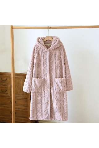 Flybuy Kadın Kışlık Bornoz Düğmeli Sabahlık, Kalın Flanel, Uzun Kollu, Rahat Kış Giyimi Kırmızı