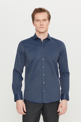 AC&Co / Altınyıldız Classics Erkek LACI Kolay Ütülenebilir Slim Fit Dar Kesim İtalyan Yaka Armürlü Gömlek Lacivert