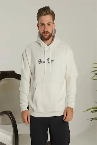 Efnaz Style Erkek Sırt Baskılı Oversize Üç İplik Kapüşonlu Sweatshirt - Beyaz