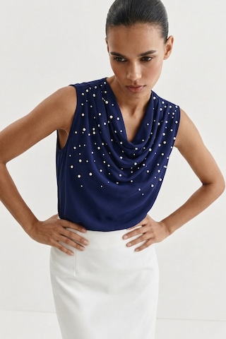 Sateen İnci Detaylı Bluz - Lacivert-137357