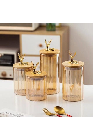 Morponi Borosilikat Cam Geyik Başlıklı Bambu Kapaklı Cam Kavanoz Seti 500-750-1000-1200 Ml Amber Şeffaf