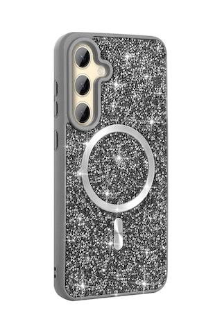 Samsung Uyumlu Galaxy S25 Fe Kılıf Pırlanta Tasarımlı Magsafe Şarj Özellikli Silikon Kapak Mozaik Titanyum-Gri