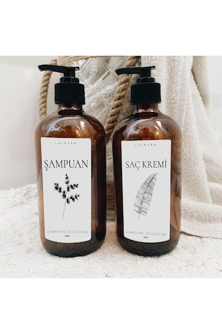 Lalezen Home 3lü Amber Cam Şişe Çiçekli Dusset Set 500ml Duş Jeli- Şampuan - Saç Kremi