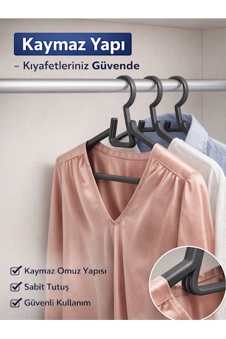 Beylini 6'lı Plastik Askılık Yetişkin Kıyafetleri İçin Omuzluk Dayanıklı Plastik Elbise Gömlek Kancalı Askı Antrasit
