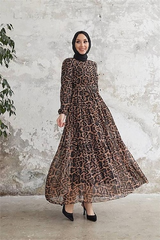 Neşeli Butik Kadın Leopar Desenli İthal Kumaş Tesettür Şifon Elbise Sms028 Siyah