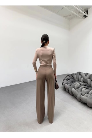 Defymoda 230 Gr Poly Viscose Lycra Metal Düğme Palazzo Pantolon Vizon