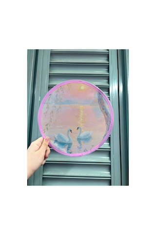 Desenli Katlanabilir Yuvarlak Çantalı Yazlık Taşınabilir El Yelpazesi Kuğu Desenli 25cm