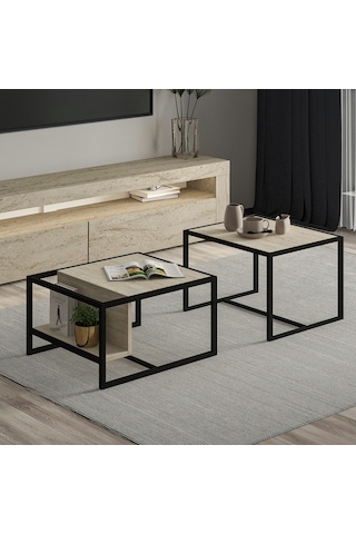 Batı 2 Li Modern Orta Sehpa Takımı Metal Ayaklı, Alt Raflı Traverten