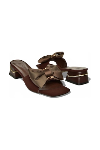 Fox Shoes Y820780504 Kahverengi Kumaş Kalın Topuklu Kurdele Detaylı Kadın Terlik Kahverengi