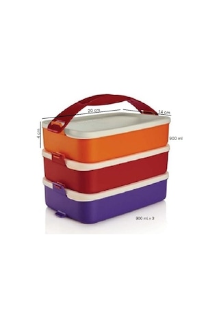 Tupperware Gezgin Saklama Kabı 3'lü 900 Ml Dikdörtgen Renkli Kırmızı Turuncu Mor