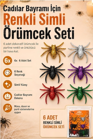 Halloween Cadılar Bayramı 6'lı Renkli Simli Örümcek Süs Seti 5x6 Cm Dekoratif Örümcek Tüm Yaşlar