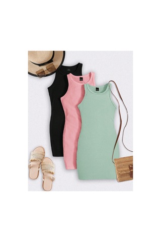 Cıqulata Kadın Siyah Pembe Yeşil 3'lü Paket Mini Slimfit Elbise Siyahpembeyeşil Siyahpembeyeşil