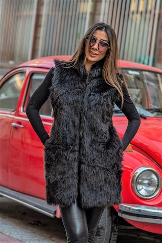 Veraura Lifestyle Siyah Arkası Deri Detaylı Cepli Uzun Suni Kürk Yelek