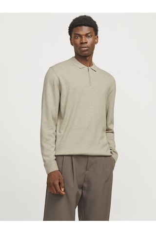 Jack & Jones Jjeemıl Knit Polo Yarım Fermuar Uzun Kollu Erkek Triko Gri
