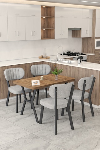 Gnr 70x110cm Sabit Atlantik Mutfak Masası Takımı, Yemek Masası, 4 Modern Gri Sandalye Gri