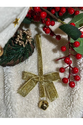 Yılbaşı Simli Altın Gold Kadife Kurdeleli Zilli Zincir Lüks Noel Çam Ağacı Süsü 1 Adet