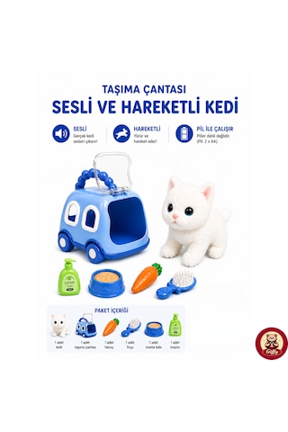 Oyuncak Kedi Taşıma Çantalı Sesli Hareketli Pilli, Emekleme Oyuncağı Aksesuarlı Çocuklar İçin Eğitici Hayvan Sevgisi Mavi