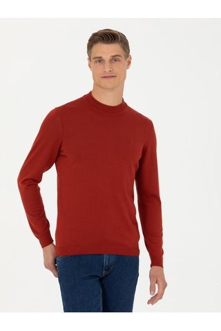 Cacharel Kiremit Slim Fit Çeyrek Balıkçı Yaka Triko Kazak Kırmızı