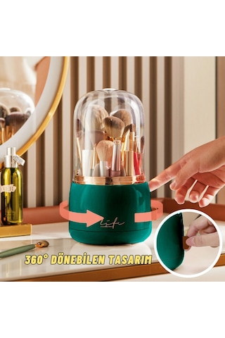 Masaüstü Makyaj Fırçası Ve Kozmetik Düzenleme Kutusu Organizer Bölmeli Dönebilen Yeşil