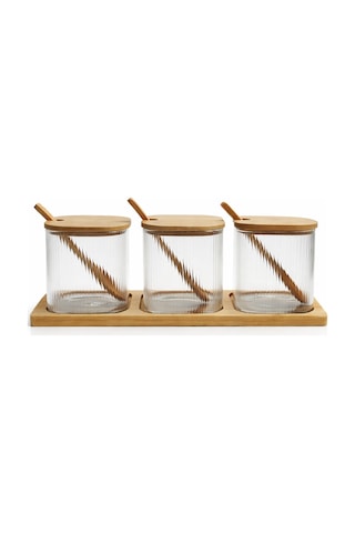 Bambu Kapaklı 3 Lü Cam Baharatlık 8x8 Cm Seti Standlı Kaşıklı Borosilikat Cam Kavanoz Seti Şeffaf