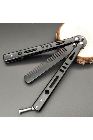 Buffer Siyah Katlanabilir Paslanmaz Çelik Kelebek Bıçak Tarak Sakal Bıyık Fırçası Profesyonel Saç Kesimi İçin Tarak