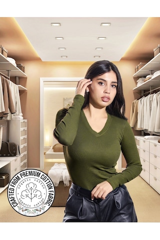 Pamuklu Kaşkorse V Yaka Body Sweatshirt, Fitilli Kumaş Likralı Bluz, Asker Yeşili Badi Asker Yeşili